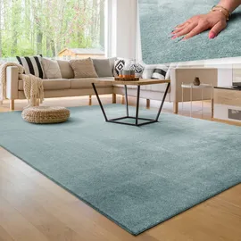 Paco Home Waschbarer Teppich Wohnzimmer Kurzflor Einfarbiger Moderner Stil weich, blau Türkis 300x400 Cm