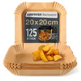 Moritz & Moritz Airfryer Backpapier für Heißluftfritteuse – eckig 20 x 20 cm, 125 Einweg-Einlagen mit 4,5 cm Rand – antihaft bis 220 °C – passend für Ninja Air Fryer 5–8 L und Backofen
