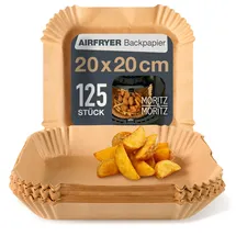 Moritz & Moritz Airfryer Backpapier für Heißluftfritteuse – eckig 20 x 20 cm, 125 Einweg-Einlagen mit 4,5 cm Rand – antihaft bis 220 °C – passend für Ninja Air Fryer 5–8 L und Backofen