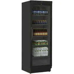 Vertikale schwarze Ausstellungskühlvitrine 372 Liter mit Glastür für die Gastronomie. Gekühlter Getränkeschrank.