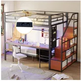 Odikalo Etagenbett Hochbett 90x200 140x200 mit Schreibtisch LED (Metallbett, Multifunktionsbett mit Schreibtisch,LED,Mit Steckdosen,offenem Stauraum und Stoffschubladen-Oberbett 140*200,und Unterbett 90*200, ohne Matratze)