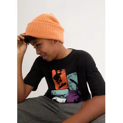 T-Shirt BONPRIX "T-Shirt aus reiner Baumwolle", Jungen, Gr. 176/182, schwarz (schwarz bedruckt), Obermaterial: 100% Baumwolle, Shirts T-Shirt, lockere Passform, Kurzarm-Design, aus reiner Baumwolle