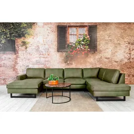 PLACES OF STYLE Wohnlandschaft »Pinto, 350 cm, U-Form, XXL, mit Ottomanen«, Cord, Chenille, Lederoptik, mit Keder, Metallfüße, Wellenunterfederung grün