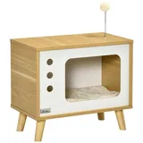 PawHut Katzenhaus mit Spielball, Katzenbett mit Kissen, weiß, natur 50L x x 43H cm