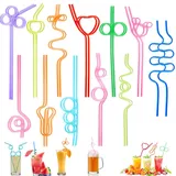 Trinkhalme mit Knoten Curly, 24 Stück Strohhalm Wiederverwendbar, Bunt Cocktail Strohhalme, PET Curly Trinkhalm, für Geburtstagsfeier, Saft Dekoration, Cocktails,10 Farben, 12 Formen