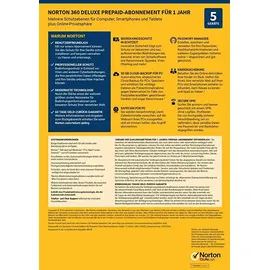 NortonLifeLock Norton 360 Deluxe 2026 Vollversion 5 Geräte 1 Jahr DE Win Android iOS