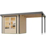 Karibu Gartenhaus Jupiter A Set naturbelassen/staubgrau, mit Anbaudach beige