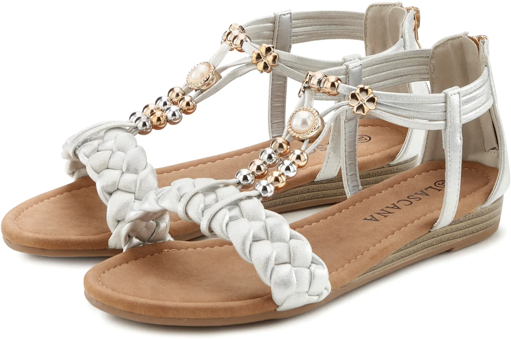 Sandale LASCANA Gr. 37, grau (hellgrau) Damen Schuhe Lascana Sandalette, Sommerschuh mit raffiniertem Riemchen VEGAN