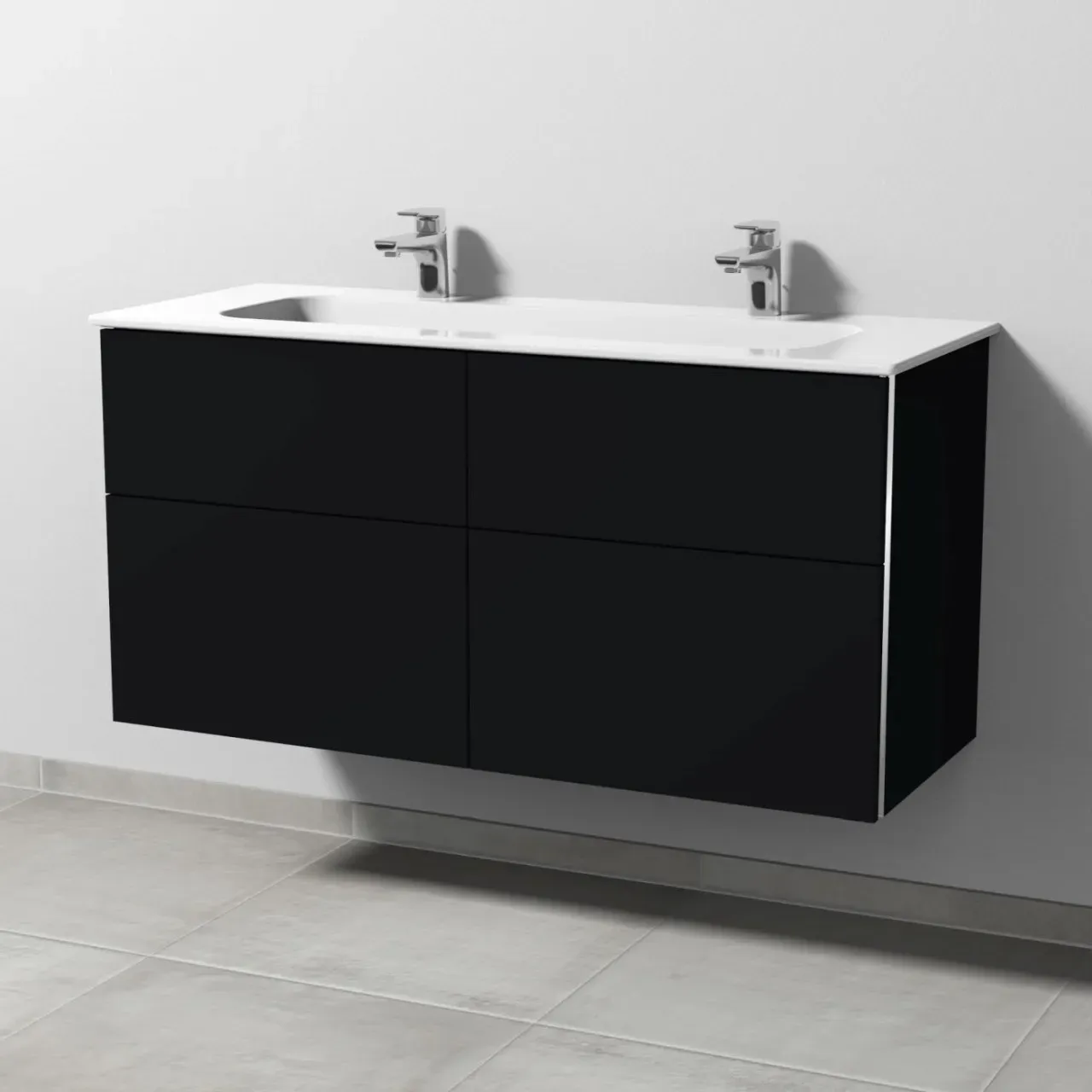 Sanipa 3way Keramik-Set Design Keramik-Doppelwaschtisch und Unterbau mit 4 Auszügen, Schwarz-Matt BS48308