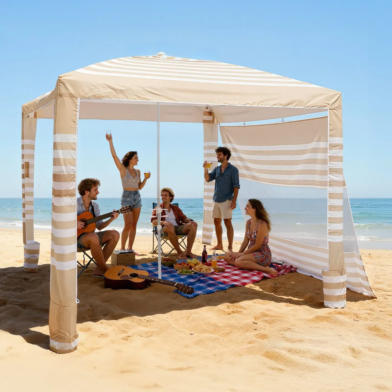 VEVOR Strand-Cabana, 2,4 x 2,4 m Strandüberdachung mit Seitenwand, UPF 50+ Sonnenschutz, Cabana mit Sandsäcken, höhenverstellbarer & tragbarer Sonnenschutz für die ganze Familie und Freunde