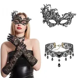 ASSUGO halloween steampunk damen zubehör 3 PCS, halloween kostüm damen armstulpen gothic netzhandschuhe, gothic schmuck Halskette, venezianische maske damen für Maskenball Karneval Maskerade