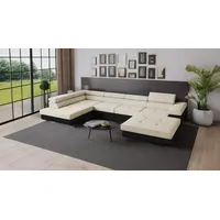 Goldstoff Wohnlandschaft RELAX U Ecksofa mit Schlaffunktion, Kunstleder & Samt, 345 × 205 cm, zwei Bettkästen, verstellbare Kopfstützen beige|schwarz