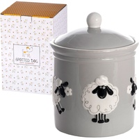 SPOTTED DOG GIFT COMPANY - Keramik-Vorratsdose Aufbewahrungsdose Küchenbehälter mit Deckel - mit Schaf-Motiv für die Küche, Geschenk für Tierliebhaber und Schafliebhaber- Grau - 1,25 Liter