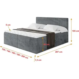 altdecor Boxspringbett - TOLO 160x200 Cord - Dunkelgrau - Komplett-Set mit Taschenfederkern Matratze und Topper, Polsterbett mit H4-Matratze Bettk... - Dunkelgrau
