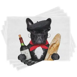 ABAKUHAUS Bulldogge Platzmatten, Französischer Hund in einem Hut mit Rotwein und Baguette Brot Gourmet Parisienne Animal, Waschbare Stoff Esszimmer Küche Tischdekorations Digitaldruck, Schwarz Rot