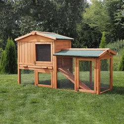 MyAnimal Hasenstall MH-03 Doppelstockhaus mit Garten, Freilauf, Kiefernholz, verzinkter Draht (Braun 2.0)