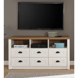 furn.design Tv-Lowboard, Weiß, Eiche, Metall, Nachbildung,Pinie, 1 Fächer, 6 Schubladen, Sockel, 130x68x43 cm, FSC 100%, Wohnzimmer, Wohnwände, Lowboards, Lowboards stehend