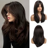 OUFEI 20 Inches Long Straight Dark Brown Layered Synthetic Hair Wigs with Bangs for Women Daily Party Use