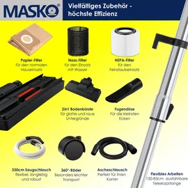 Masko MASKO® Industriestaubsauger Staubsauger Nass Trocken Sauger Aschesauger 2300W + Steckdose Blasfunktion ? Nass-Saugen Industrie-Sauger mit & ohne Beutel beutellos