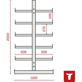 Stier Kragarmregal doppelseitig 3 Felder Stahl 3900x2000x500 mm enzianblau