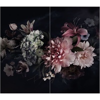 Duschrückwand - Blumen mit Nebel auf Schwarz, Material:Alu-Dibond Matt Schutzlackiert 3 mm, Größe HxB:2-teilig à 210x80 cm