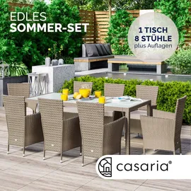 CASARIA CASARIA® Polyrattan 8 Stühle Stapelbar 190x90cm Gartentisch Glas Wetterfest Outdoor Modern Terrasse Sitzgruppe Essgruppe Garnitur Set Beige