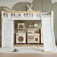 Arhatreya Hochbett 90x200 cm, Kinderbett mit Rutsche, Holzbett mit Kleiderschrank, Bett mit Vierseitiger Zaun für Kinder Schlafzimmer (Ohne Matratze) Weiß+Natur