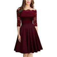 feifanshop Damen 50s Retro Schwingen Vintage Rockabilly Kleid, Off Schulter Spitzenkleid Abendkleid Cocktailkleid Blumen Spitzen Ballkleid Party Cocktail Kleid Gr 34-48 - XXL ( EU 48 )