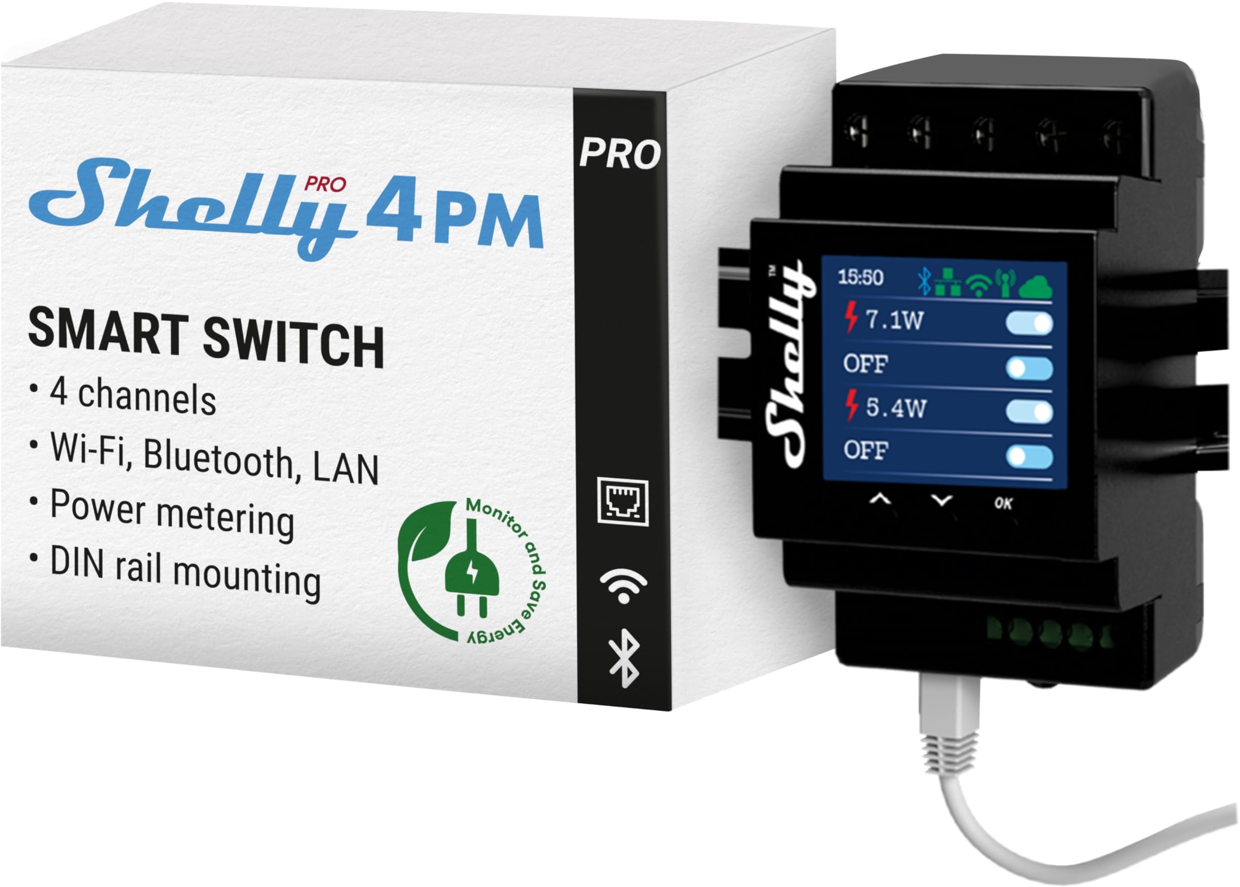 Shelly Pro 4PM | Wlan, LAN & Bluetooth 4 Kanäle Smart Relais mit Leistungsmessung | Hausautomation | Kompatibel mit Alexa & Google Home | iOS Android App| Fernsteuerung und Überwachung von Geräten