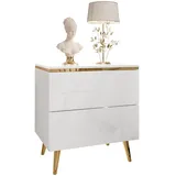 lookway Nachttisch, Weiß Hochglanz, Holzwerkstoff, Uni, 2 Schubladen, Rechteckig, 50x53x37 cm, Schlafzimmer, Nachttische