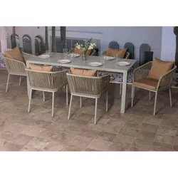 Gartengarnitur MCW-N41, Tisch+6xStuhl, wetterfest Alu 180x80cm, Seilgeflecht Rope ~ hellgrau Kissen taupe