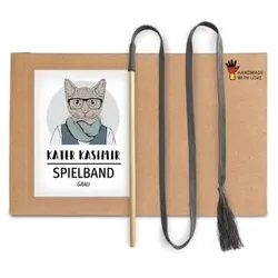 Kater Kasimir Spielangel für Katzen, mit grauem Baumwollband und Buchenholzstab