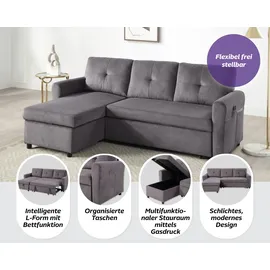 Atlantic Home Collection Schlafsofa Gustavo L-Form, B: 199 cm, mit Bettfunktion, Bettkasten & seitlichen Taschen grau