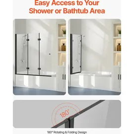 Vevor Badewannen Duschtür (1295 x 1422 mm / B x H) rahmenlose, klappbare Duschtür mit Scharnier, dreifach gefaltete Duschglastür mit 180° drehbares Design, für Badewanne, schwarz