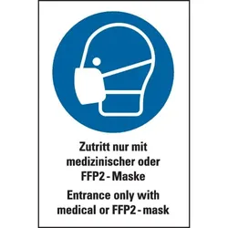 Aufkleber I Gebots-Kombischild Zutritt nur mit med./FFP2 Maske, DE/EN, Folie, 200x300mm