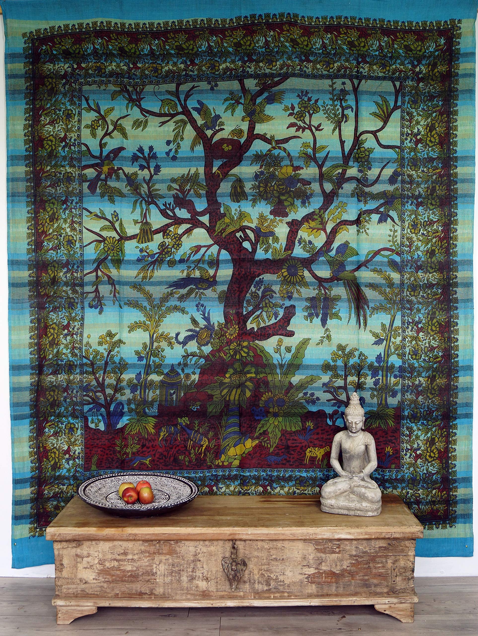 GURU SHOP Boho-Style Wandbehang, Indische Tagesdecke Lebensbaum/Tree of Life - Türkis, Baumwolle, 250x210x0,2 cm, Bettüberwurf, Sofa Überwurf