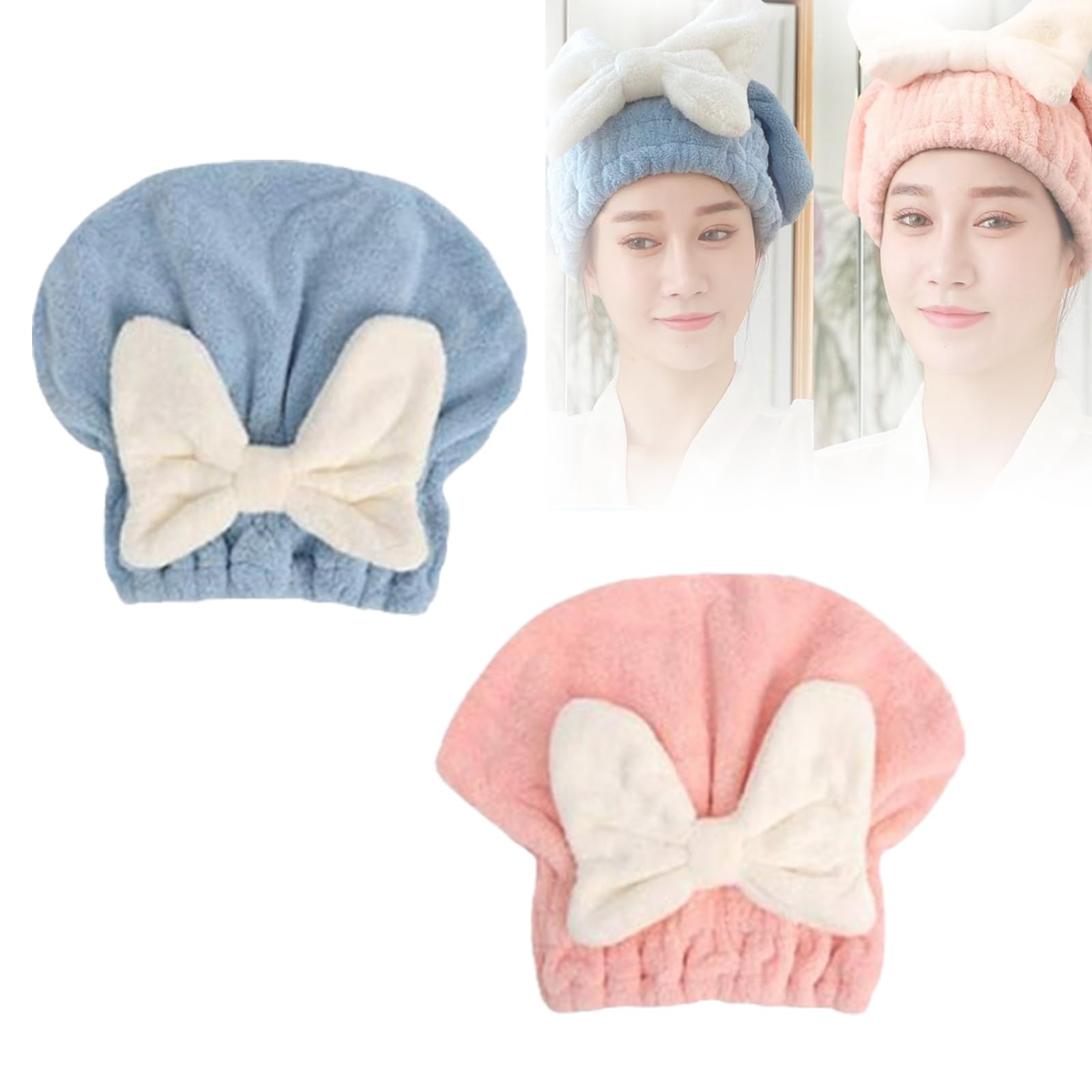 Jelaqmot 2PCS Super Absorbent Hair Towel Wrap for Wet Hair, Microfiber Hair Drying Towels Head Wrap with Bow-Knot Shower Cap for Women Drying Curly Long & Thick Hair (D,ONE Size)