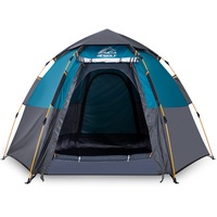 HEWOLF Camping Zelt 3-4 Personen Kuppelzelt Wasserdicht UV-Schutz Pop Up Zelt Doppelschicht Wurfzelt Sechseckiges Sekundenzelt Großes Familienzelt mit Regenfliege Tragetasche Braun Blau