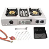 Edelstahl Gaskocher 3 flammig 9,7 KW Campingkocher mit Grill Ofen Gasgrill WOK Hockerkocher inkl. Gasschlauch-Regler Set