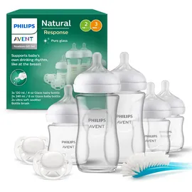 Philips AVENT Natural Response Glas-Geschenkset für Neugeborene – 3 x 120 ml und 2 x 240 ml Babyflaschen, 2 x ultra soft Schnuller 0–6 Monate, Flaschenbürste, BPA-frei (Modell SCD879/11)