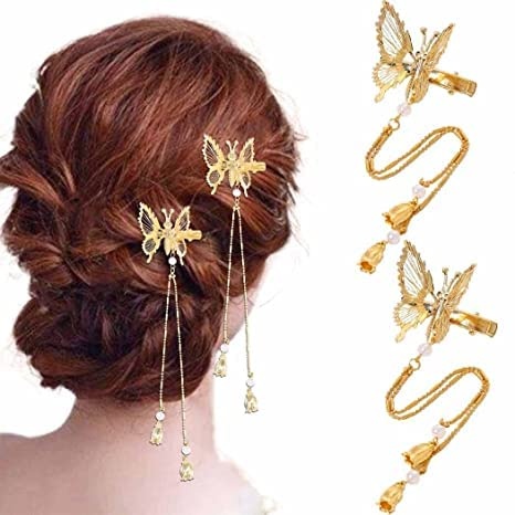 SHENDAF 2pcs Elegant Tassel Butterfly Hairpin, Metal Tassel Long Hair Clip, Moving Butterfly Hair Clips, Antique Side Clip, Girls Shiny Hair Clip Barrette (Gold)