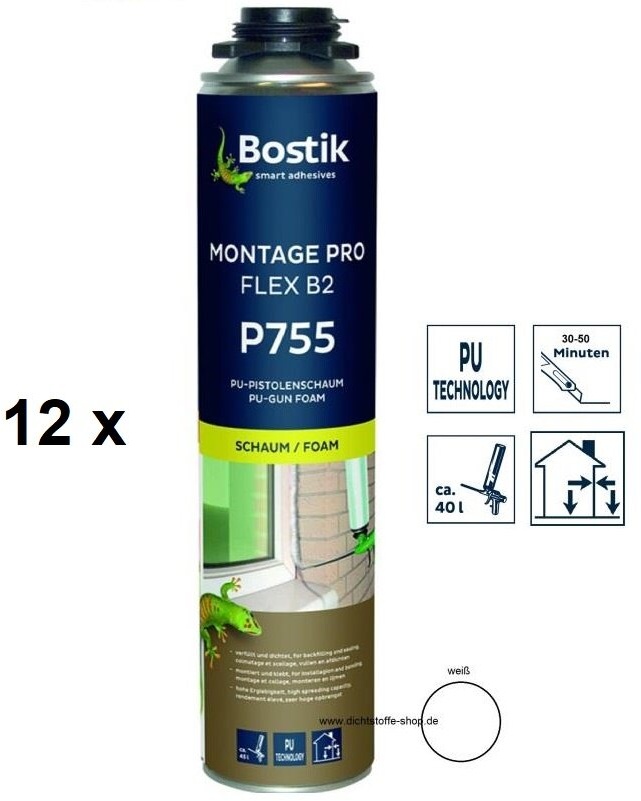 12 x Bostik Montage Pro Flex B2 P755 1K PU-Polyurethan Schaum 750ml NBS Dose weiß