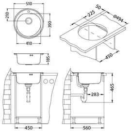 ALVEUS Form Ø 510 mm Edelstahl/Satin Handbetätigung 510 x 185 mm