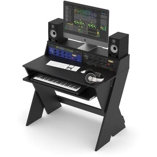 Glorious Sound Desk Compact Black - Kompakte Studio-Workstation im smarten Design mit großer Arbeitsfläche, ausziehbarem Keyboard-Fach, 2 x 3-HE-Racks und Kabelkanal im Inneren