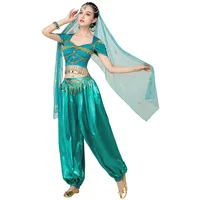 ELLYDOOR Arabisches Jasmin-Kostüm für Damen, Prinzessinnen-Kostüm, Halloween, Bauchtanz, Oberteil, Hose, 4-teiliges Outfit, 31 Jasminblau, M