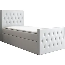 mebloland Boxspringbett, Jugendbett LILI 100x200 (Rechts) mit Bettkästen, Bonell-Matratze und Topper. Farbe: Weiß - Weiß