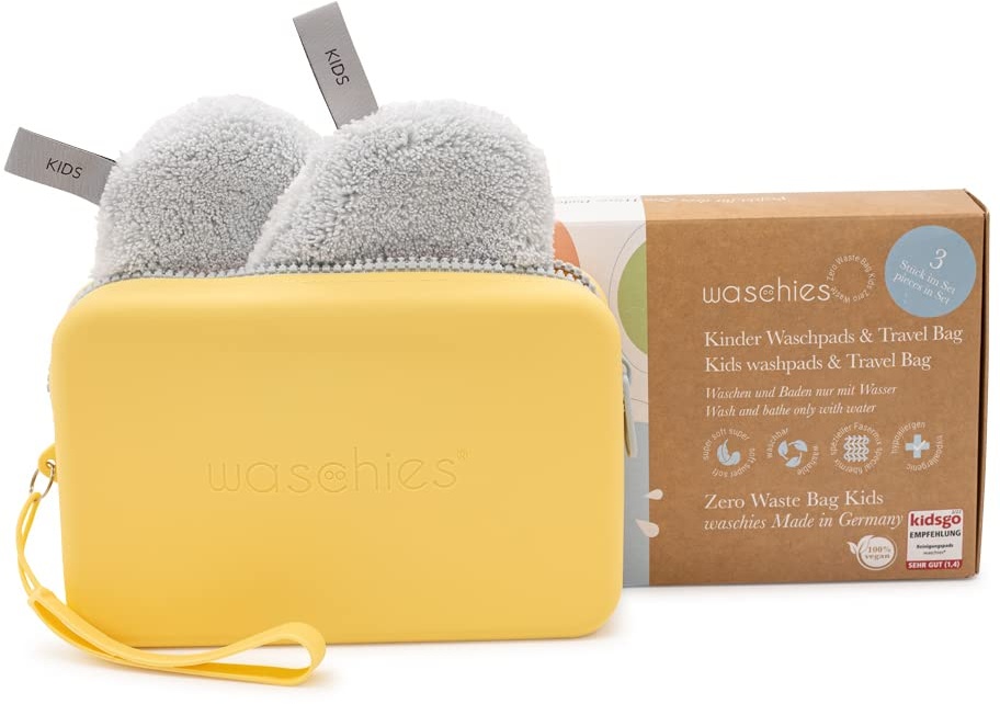 waschies Zero Waste Bag Kids, praktisches Set mit Travel Bag in Pastel Yellow & sanften wiederverwendbaren Reinigungs- & Wasch-Pads für Baby- & Kinderhaut in Pastel Blue