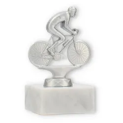 Pokal Metallfigur Rennradfahren silbermetallic auf weißem Marmorsockel 12,0cm