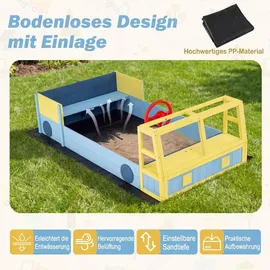 Fantask Holzsandkasten Feuerwehrauto mit Lenkrad und Sitzbank Blau/Gelb