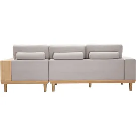 miliboo Ecksofa rechts 5-Sitzer mit Stauraum beiger Stoff mit strukturiertem Samteffekt und helles Holz KOMAO